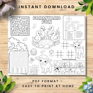 May include: Black and white printable activity sheet with farm animals and games. Includes a maze, word search, crossword puzzle, and a find-the-difference game. The text at the top says "INSTANT DOWNLOAD" and "FARMYARD FUN". The bottom text says "PDF FORMAT - EASY TO PRINT AT HOME".