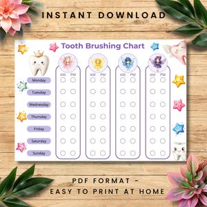 Tabla de cepillado de dientes del Hada de los Dientes para niños, imprimible, bonito registro semanal de limpieza dental, descarga en PDF, tabla de recompensas de higiene dental.