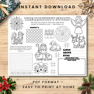 Peut inclure: Feuille d'activité imprimable en noir et blanc intitulée "The Nativity Story". Comprend diverses activités telles que le connect four et un labyrinthe. Comprend des illustrations de la scène de la nativité, des anges et des animaux. Le texte "Téléchargement instantané" et "Facile à imprimer à la maison" sont également visibles.