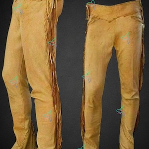 Men&#39;s New Buckskin Bead Suede Pant Trouser, Jeans Brown Hippy Cowboy Pant With Fringes Trouser, Cowboy Style, Leather Pant, Buckskin Pant