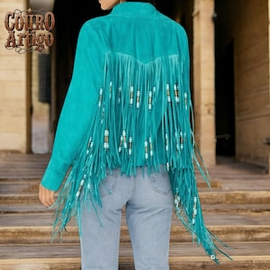 Chaqueta vaquera de ante con flecos largos de estilo western para mujer, estilo vintage, con cuentas, ideal como regalo.
