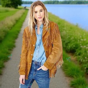 Women Tan Brown Suede Western Handmade Leather Jacket with Fringe, Suede Brown Leather Shirt for Women, Women Vintage Suede, Gift for Her