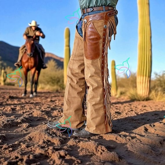 Calça de couro camurça com franjas, perneiras de couro camurça