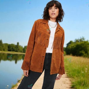 Women&#39;s 1980s Vintage Fringe Leather Jacket, Brown Suede Leather Jacket, Women Oversized Leather Jacket Coat, Fringe Jacket, Gift for Her