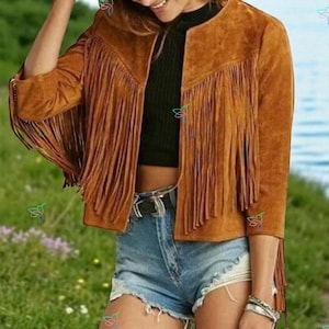 Women&#39;s Vintage Brown Suede Leather Jacket, Ladies Native Fringe Western Wear Coat, Women Brown Suede Leather Tassel Jacket, Gift For Her