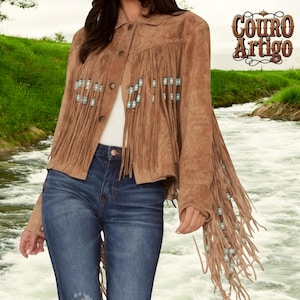 Chaqueta de cuero de ante marrón tostado con flecos estilo western para mujer, chaqueta de cuero de ante con flecos estilo vaquera estilo western para mujer, chaqueta con flecos
