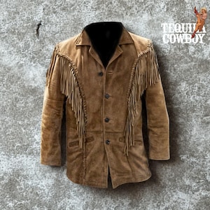 New Men&#39;s Traditional Handmade Western Cowboy Leather Jacket Coat with Braided & Fringes, Men Buckskin Shirt with Fringes Cowboy Style Shirt