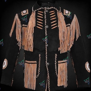 Men&#39;s Traditional Western Cowboy Leather Jacket Coat with Fringes Bone and Beads, Indian Western American Liberty Eagle Bead Fringed for Men