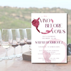Invitación para despedida de soltera con temática de vino "Vino antes de los votos", tarjeta imprimible de 5 x 7 pulgadas, descarga digital, plantilla minimalista y fácil de editar de Canva.