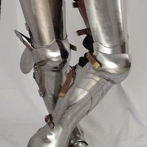 Medieval 18 Gauge Steel Leg Armor – Full Leg Protection For Cosplay with Greaves, Knee Guards, and Knight Sabatons
