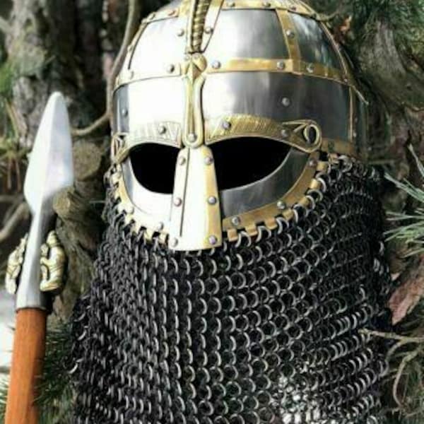 Handcrafted Norse Viking Helmet with Full Chainmail – Gjermundbu Style Armor Brass Trim Design For Cosplay And Collector's