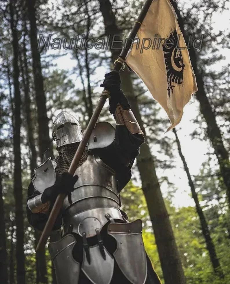 Armatura completa da cavaliere medievale con barbuta – Costume da crociato con barbuta – Costume in acciaio indossabile per LARP, rievocazioni storiche ed esposizioni immagine 3