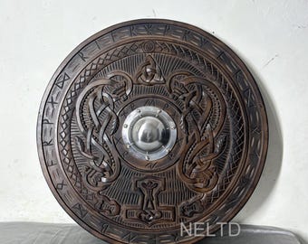 Engraved Medieval Wooden Shield Viking Warrior Round Shield Wall Decoration
