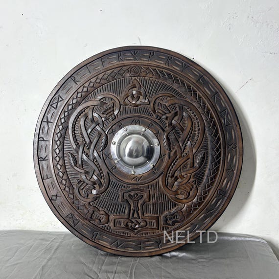 Engraved Medieval Wooden Shield Viking Warrior Round Shield Wall Decoration