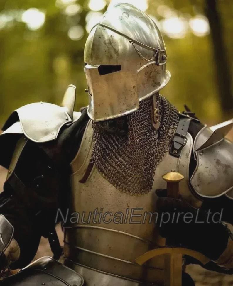 Armatura completa da cavaliere medievale con barbuta – Costume da crociato con barbuta – Costume in acciaio indossabile per LARP, rievocazioni storiche ed esposizioni immagine 2