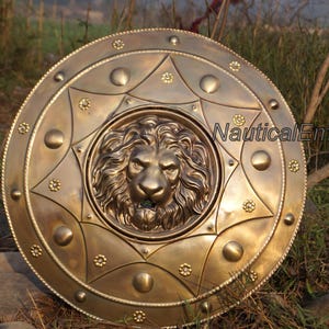 Medieval Lion Shield Wall Décor – Handcrafted Brass Shield with 3D Lion Face | Viking, Roman, Spartan Cosplay Prop