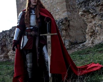 Royal Valkyrie Full Body Female Knight Armor with Red Cape Women Battle-Ready Medieval Lady Armor For Cosplay