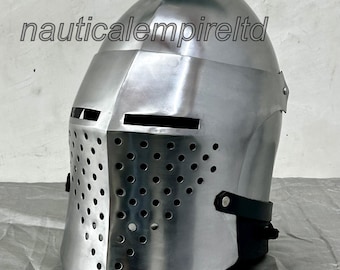Medieval Templar Crusader Helmet – 18 Gauge Mild Steel Great Helm with Ventilation And Adjustable Straps for LARP & Display