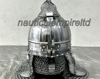 Ottoman Empire Medieval Kettle Helmet with Intricate Engraving and Chainmail Aventail For Cosplay And Collector's
