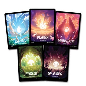 Proxy de todos os 5 terrenos básicos para Magic the Gathering // 5 cartas ilustradas por um humano.