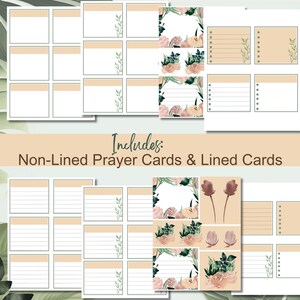 May include: Printable prayer cards with floral designs. Includes both lined and non-lined cards.  The cards are beige with green and pink floral accents.