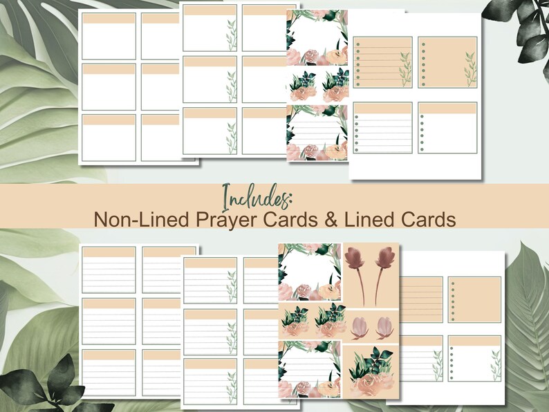 May include: Printable prayer cards with floral designs. Includes both lined and non-lined cards.  The cards are beige with green and pink floral accents.