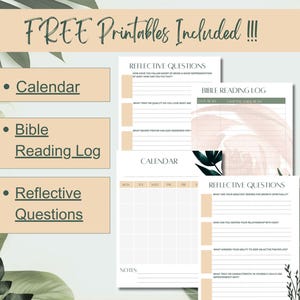 May include: A set of printable worksheets with a green and brown leafy background. The worksheets include a calendar, a Bible reading log, and reflective questions.