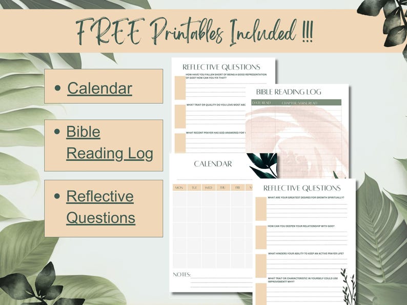 May include: A set of printable worksheets with a green and brown leafy background. The worksheets include a calendar, a Bible reading log, and reflective questions.