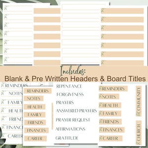 May include: Printable digital planner pages with blank and pre-written headers and board titles. The headers include "Reminders", "Notes", "Family", "Health", "Friends", "Finances", "Career", "Repentance", "Forgiveness", "Prayers", "Answered Prayers", "Prayer Request", "Affirmations", "Gratitude", "Church", and "Community".