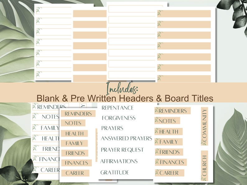 May include: Printable digital planner pages with blank and pre-written headers and board titles. The headers include "Reminders", "Notes", "Family", "Health", "Friends", "Finances", "Career", "Repentance", "Forgiveness", "Prayers", "Answered Prayers", "Prayer Request", "Affirmations", "Gratitude", "Church", and "Community".
