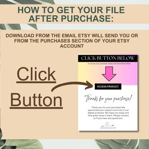 May include: A pink and yellow graphic with the text "Click Button Below" and an arrow pointing down to the text "Access Product". The text "Thanks for your purchase!" is below the button. The text "Thank you for your purchase! We appreciate your support and trust in our digital products. We hope you enjoy and find great value in them. Please contact us if you have any questions." is below the text "Thanks for your purchase!"
