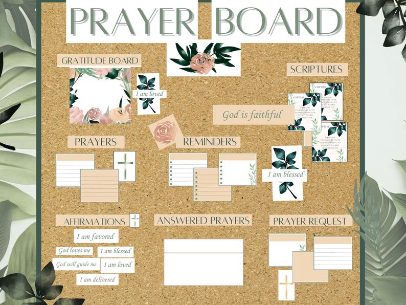 May include: A corkboard with a prayer board theme. It has sections for gratitude, prayers, affirmations, answered prayers, prayer requests, reminders, and scriptures. The board is decorated with floral and leaf designs.