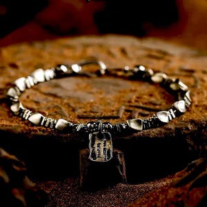 Bracelet,Original handmade 925 Sterling Silver Bracelet for Men Women – Rustic Tag Charm – Boho Unisex Jewelry –  Gift