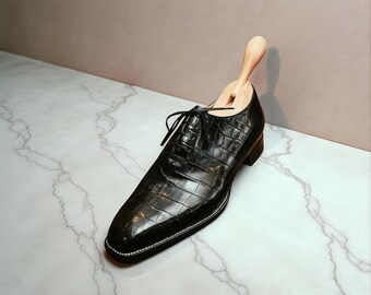 Handmade Black Alligator Leather Oxfords | Bespoke Oxford Shoe