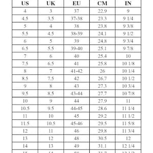 以下が含まれることがあります： 「Men's Shoe Size Guide」と題された白黒の表で、US、UK、EU、CM、INのサイズ換算表です。この表にはセンチメートル単位の測定値が含まれており、サイズはEU37から50までです。