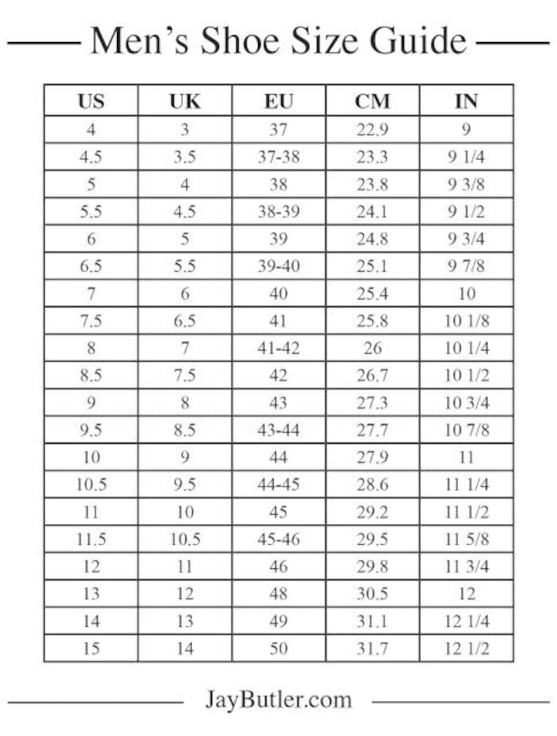 以下が含まれることがあります： 「Men's Shoe Size Guide」と題された白黒の表で、US、UK、EU、CM、INのサイズ換算表です。この表にはセンチメートル単位の測定値が含まれており、サイズはEU37から50までです。