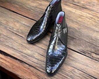 Handmade Black crocodile Impression Monk Boots: Bespoke Men's Fashion