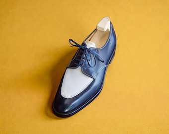 blue and white mens dress shoes Handmade Men's Blue and White Shoes | Genuine Cow Leather Shoes | Derby Lace up Shoes | Elegant Wingtip Dress Shoes