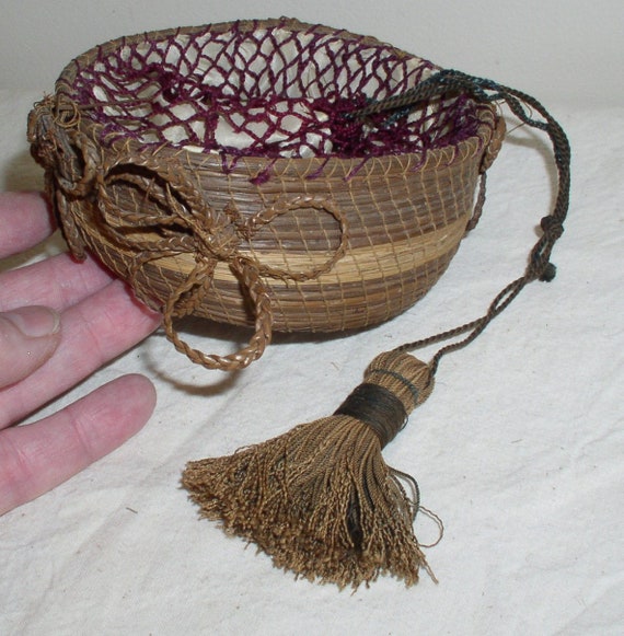 Vintage Woven Pine Needle Basket Purse With Crochet Netting Etsy
