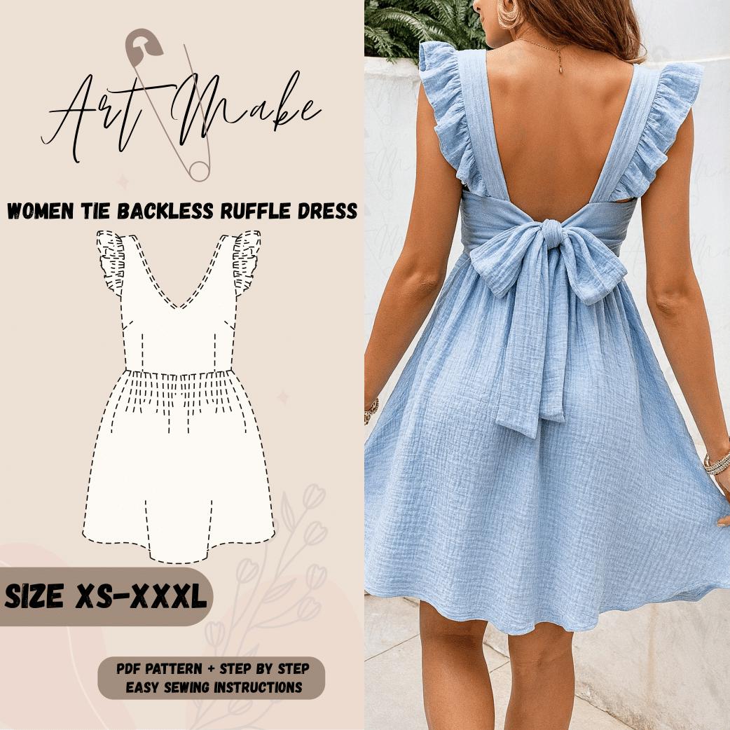 Patrón de costura para vestido con lazo y espalda descubierta | Vestido con volantes para mujer (PDF) | Patrón de vestido de verano | Tallas XS-XXXL | Patrón de costura fácil para principiantes