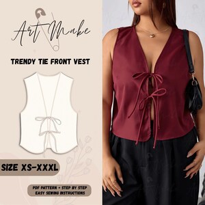 Patrón de costura de chaleco con lazo delantero en PDF | Top para mujeres principiantes | Xs-XXXL | Ropa fácil de verano DIY | Descarga instantánea A0 A4