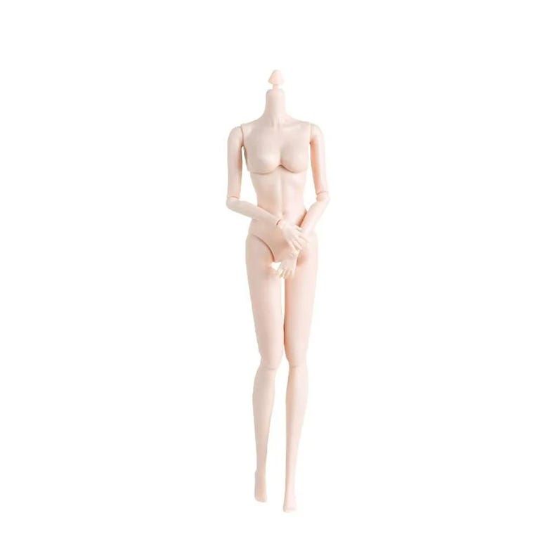 May include: A pale, skin-toned articulated doll body featuring a slender, upright posture with arms positioned in front of the torso. The figure has a smooth, matte finish, defined joints at the shoulders, elbows, wrists, hips, knees, and ankles.