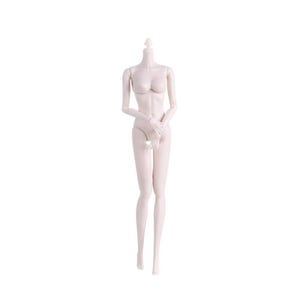 May include: A pale, smooth-skinned articulated doll body featuring a slender, upright posture with arms positioned gracefully in front. The figure has a defined neck peg for head attachment, sculpted torso, and long, straight legs in a neutral pose.