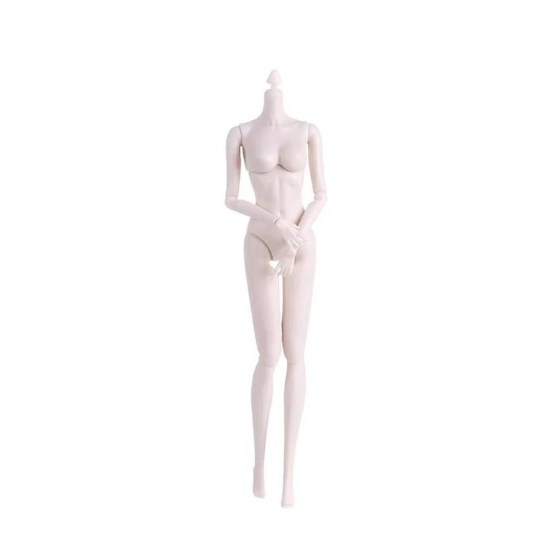 May include: A pale, smooth-skinned articulated doll body featuring a slender, upright posture with arms positioned gracefully in front. The figure has a defined neck peg for head attachment, sculpted torso, and long, straight legs in a neutral pose.