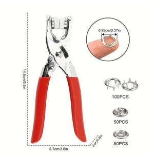 May include: A metal snap fastener plier tool with red rubberized handles, measuring 5.8 inches in length and 2.6 inches in width. Includes 100 pronged rings, 50 button caps, and 50 socket pieces, with a pronged ring measuring 0.37 inches in diameter.