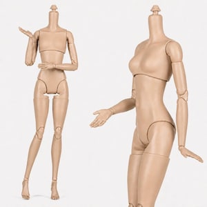 May include: A light tan articulated doll body featuring a ball-jointed neck, shoulders, elbows, wrists, hips, knees, and ankles. The figure is shown in two views, one full-length standing pose and one partial torso view, both with a smooth finish.