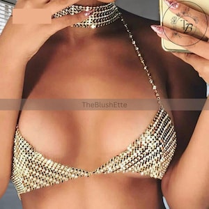 Haut dos nu en strass dorés brillants - Bralette bling bling faite main