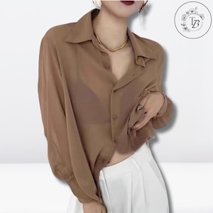 Loose Fit Summer Cardigan Top, Transparent Chiffon Blouse – Women’s Long Sleeve Mesh Shirt