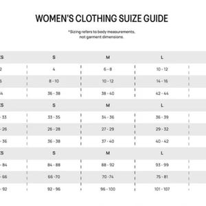 May include: A size chart for women's clothing with measurements in inches and centimetres. The chart includes sizes XS through XXL and lists US, UK, and EU sizes, as well as chest, waist, and hip measurements.