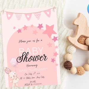 Babypartyeinladung - Bearbeitbare Vorlage, rosa Stern einladen, druckbare Babyparty, Sofort-Download, Mädchen-Babypartykarte